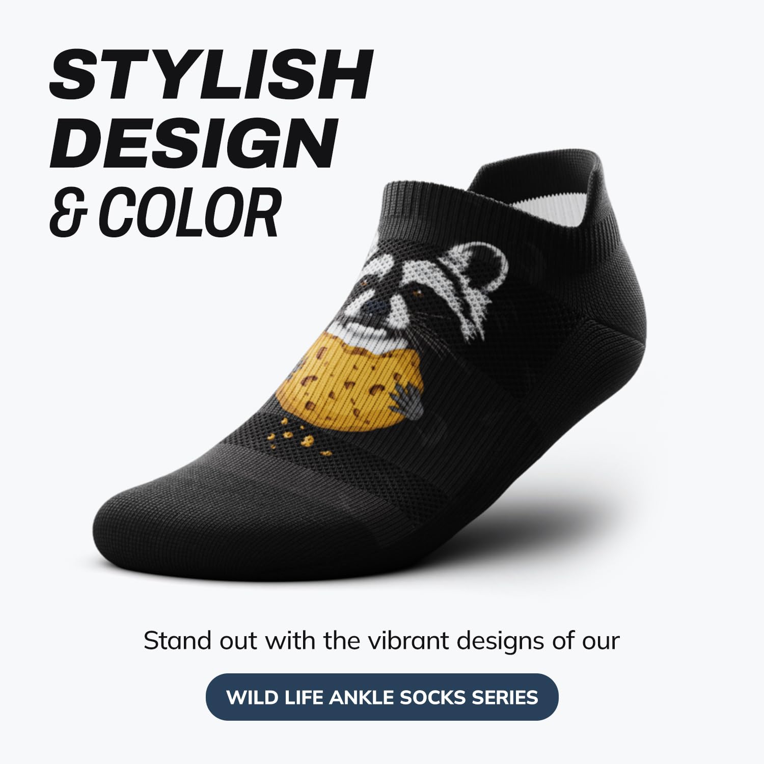 Outway Rad Racoon Ankle Socks, Moisture-Wicking Athletic Ankle Socks with Arch Support for Men and Women, White, Size M/L