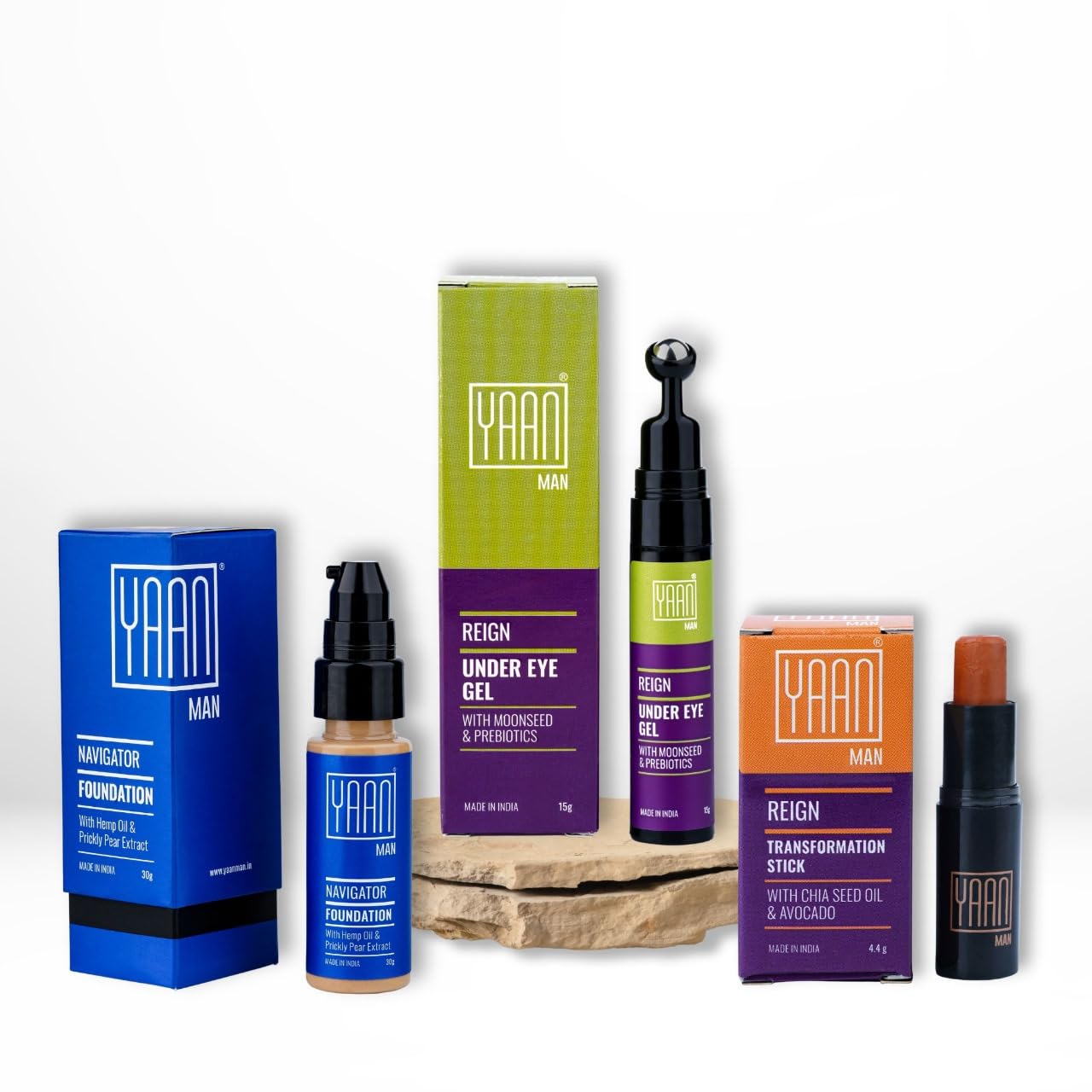 Yaan Man Reign Over Makeup Combo Set, Foundation, Under Eye Gel, Transformation Stick (Dark)