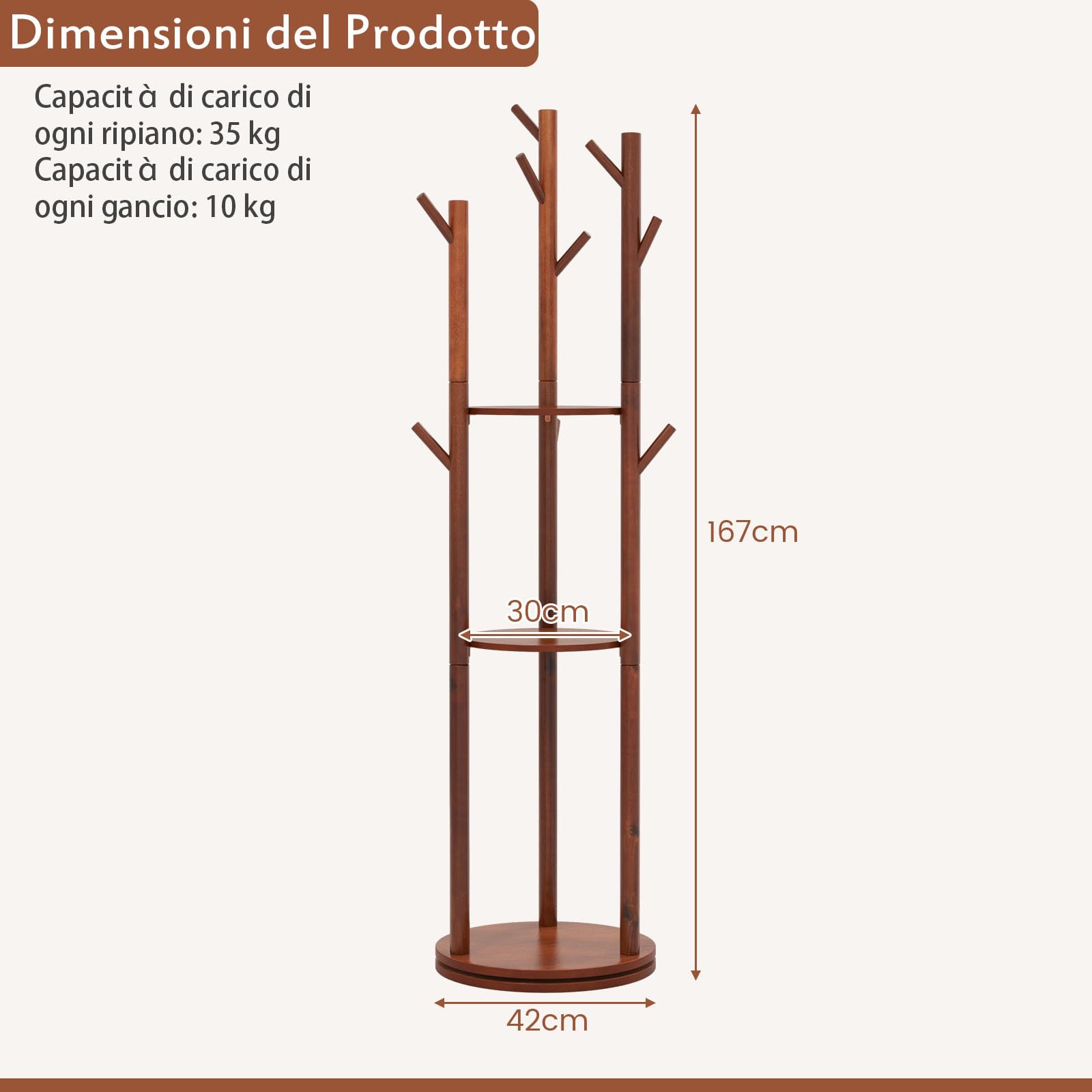 GYMAX Appendiabiti da Terra in Legno, Attaccapanni da Terra Girevole 360° con 9 Ganci e 3 Ripiani, Appendiabiti 167 cm per Ingresso, Camera da Letto, Soggiorno