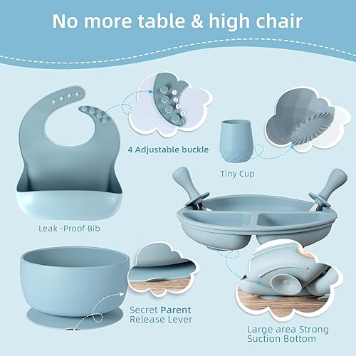 Miniatura 6 de Juego de alimentación de silicona para bebés, juego de suministros de destete para bebés (juego de cuencos divididos para bebés con babero, cuchara