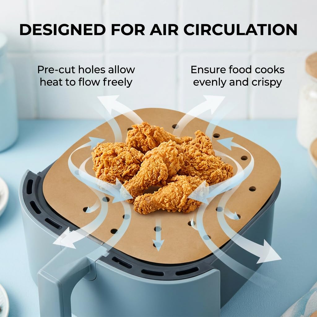100 sztuk papieru do pieczenia Airfryer 18,5 x 18,5 cm, perforowany, kwadratowy papier do pieczenia do frytkownicy na gorące powietrze, nieprzywierający, odporny na olej, wodoodporny, do frytkownicy