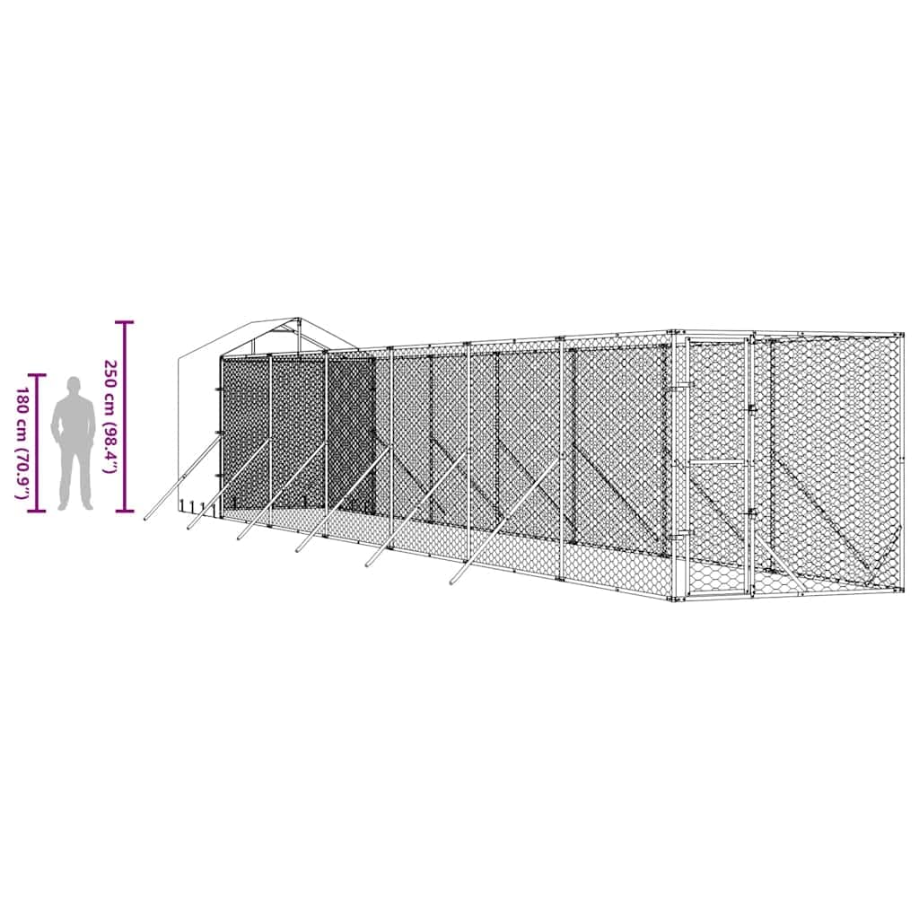 Perrera para perros al aire libre con techo plateado, 2 x 14 x 2,5 m, acero galvanizado, resistente recinto para perros con puerta con cierre para una salida segura en el jardín y recinto