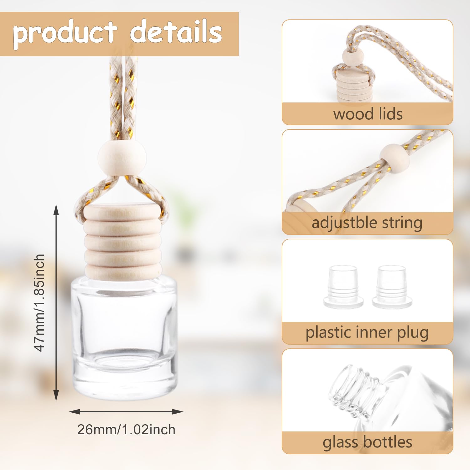 50 Pcs Car Essential Oil Hanging Bottle Empty Car Air Freshener Diffuser Bottle Perfume Glass Bottle Pendant Aromatherapy Fragrance Bottle Auto Car Interior Ornaments Decor (Round Shape)