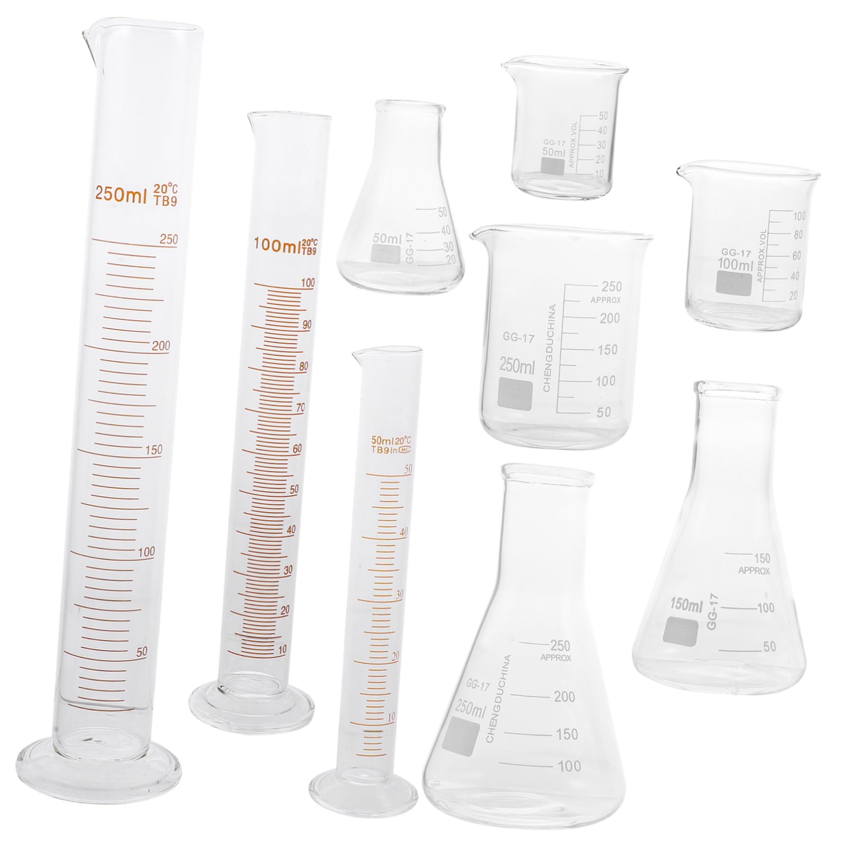 CRAFTHROU Set di 9 Pezzi di Vetro per Laboratorio Pallone Conico e Bicchiere Graduato da 50ml a 250ml Scala Facile da Leggere senza Perdite per Educazione e Cucina
