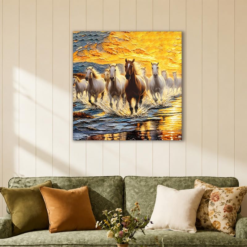Image of PAINTINGMANTRA 9 Running Horses Vastu Stretched Canvas Painting For Living Room| Strength & Forward Energy Nine Horse Painting for Bed Room, Home & Office, 22x22 Inch