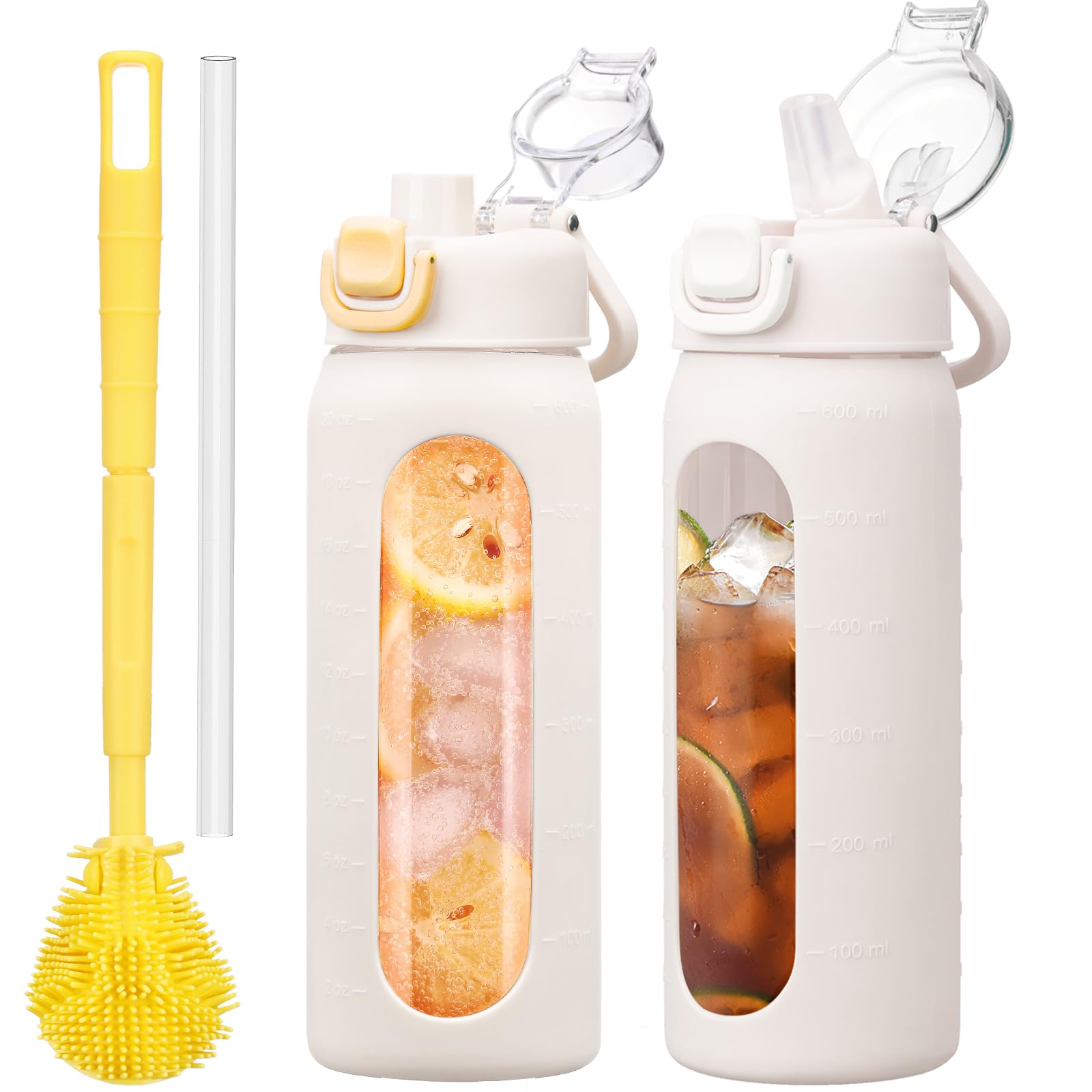 HYDRAGLAZIC 600ml Glass Water Bottle with Straw Reusable Water Bottle with Non-Slip Silicone Sleeve Wide Mouth Leak-Proof for Coffee, Tea and Water,BPA-free, Dishwasher Safe,White