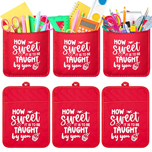 R HORSE 6Pcs Pot Holder Gift Set, Red Pot Holder with Pocket Funny Cookie Bag, Heat Resistant Oven Mitts Hot Pad Baking Cooking Kitchen Thank You Teacher Present Teacher Appreciation Day Gift