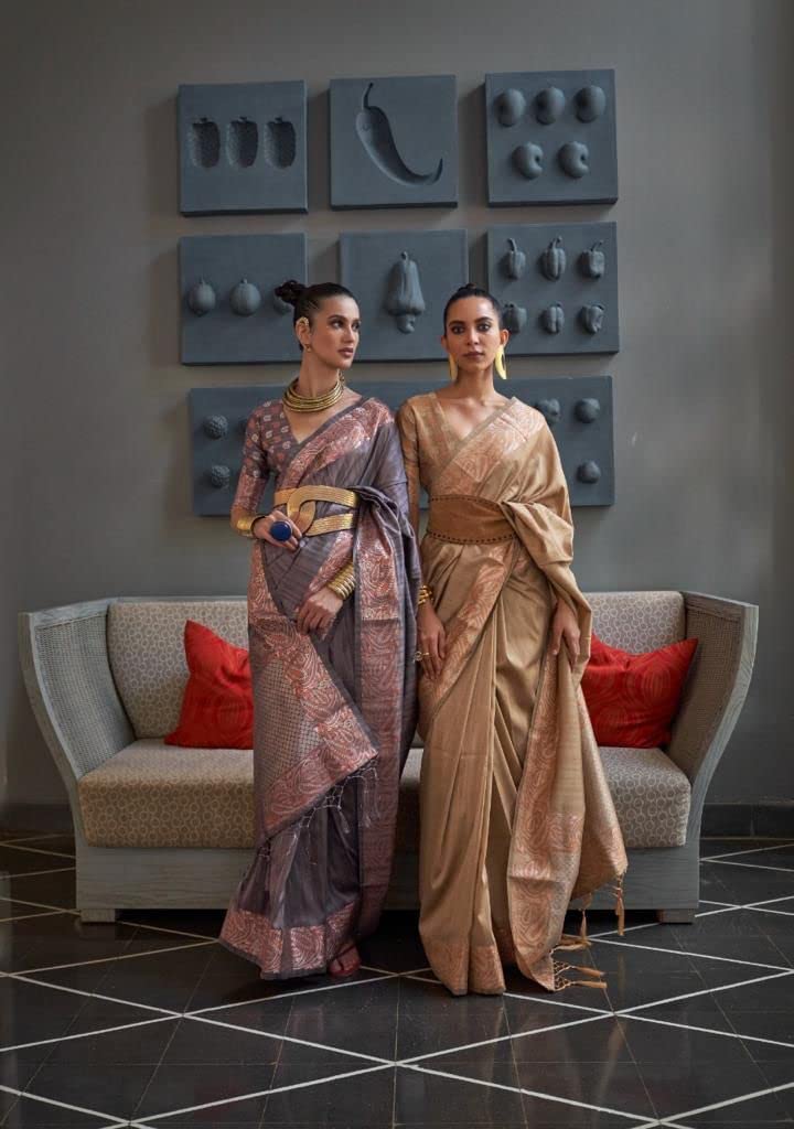 Blusa sari de seda tejida con textura rica en cobre Zari 7345 para mujer india (gris)