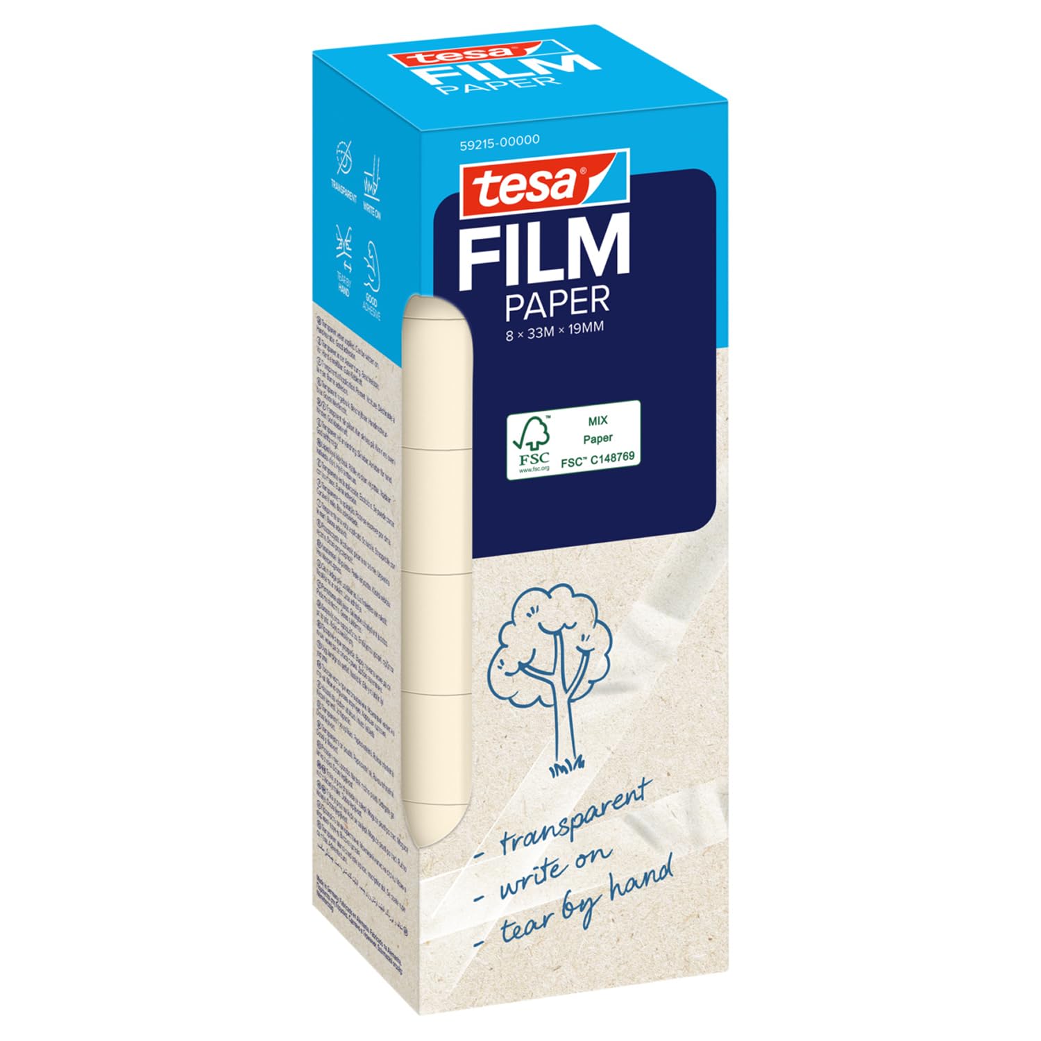 tesa tesafilm PAPER - transparent adhesive tape, can be written on, can be torn by hand, quiet unrolling, ideal for decoration, handicrafts, gift wrapping, office and school, 8 rolls á 19 mm x 33 m