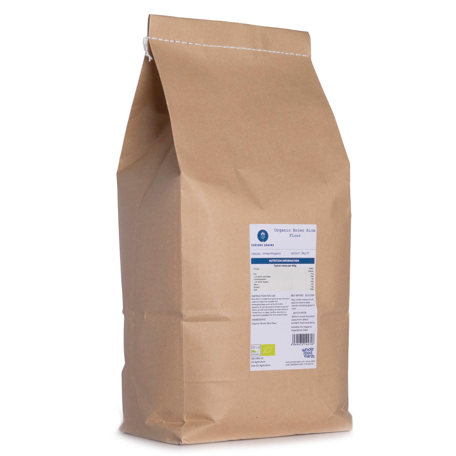 Wholefood Earth Organic Brown Rice Flour – 3 kg | Stone Ground | GMO Free | Certified Organic