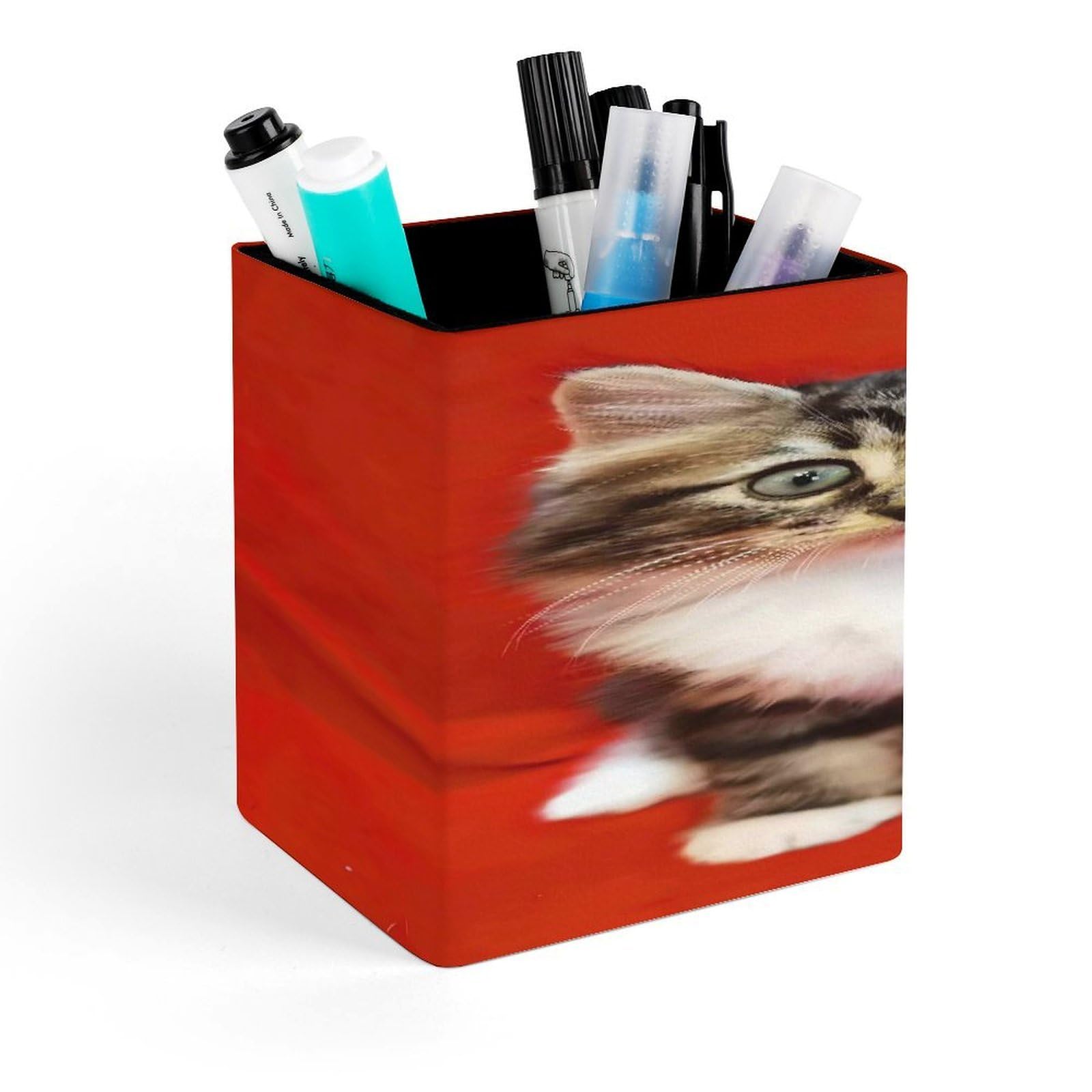 LZQPOEAS Cat Square Pen Pencil Holder PU Leather Pencil Cup Desktop Stationery Organizer Office Accessories Container
