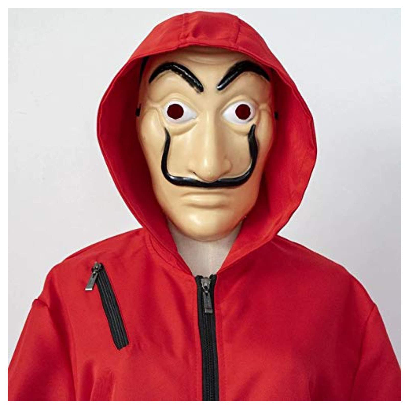 Costume de carnaval, combinaison de voleur de banque pour Halloween, cosplay, rouge, à manches longues avec capuche, masque et mitrailleuse
