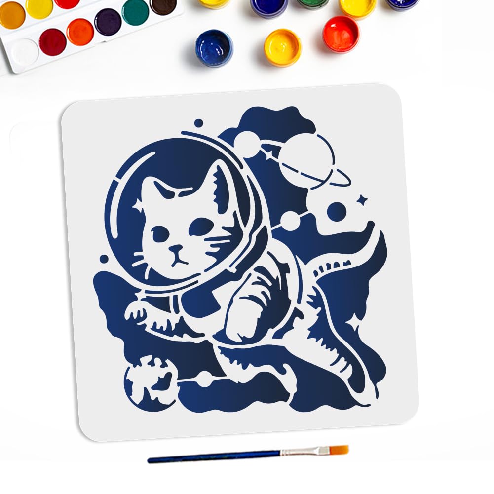 MAYJOYDIY Cat Space Stencils 11.8×11.8inch Large Planets Galaxy Cat Painting Stencils with Paint Brush Outer Space Galaxy Animal Theme Drawing Template for Fabric Walls Furniture Wood Canvas
