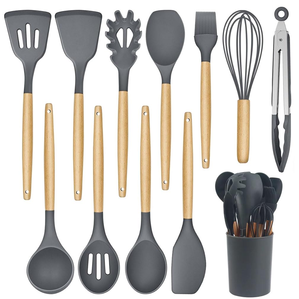 Kitchen Utensil Set, 12 PCS Silicone Cooking Utensils Set with Wooden Handle, Nonstick Cookware Tongs Spatula Spoon Set, Heat Resistant, Dishwasher Safe, Best Kitchen Tools (Grey)
