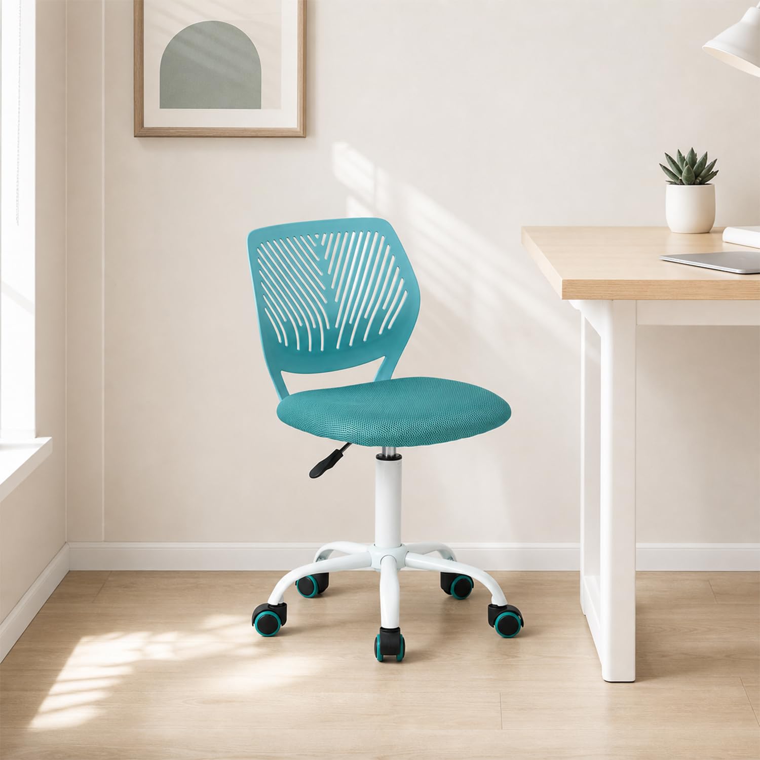 Meuble Cosy Ergonomiczne krzesło biurowe, obrotowe siedzisko z regulacją wysokości, krzesło komputerowe bez podłokietników, do telepracy, nauki i sypialni, turkusowe