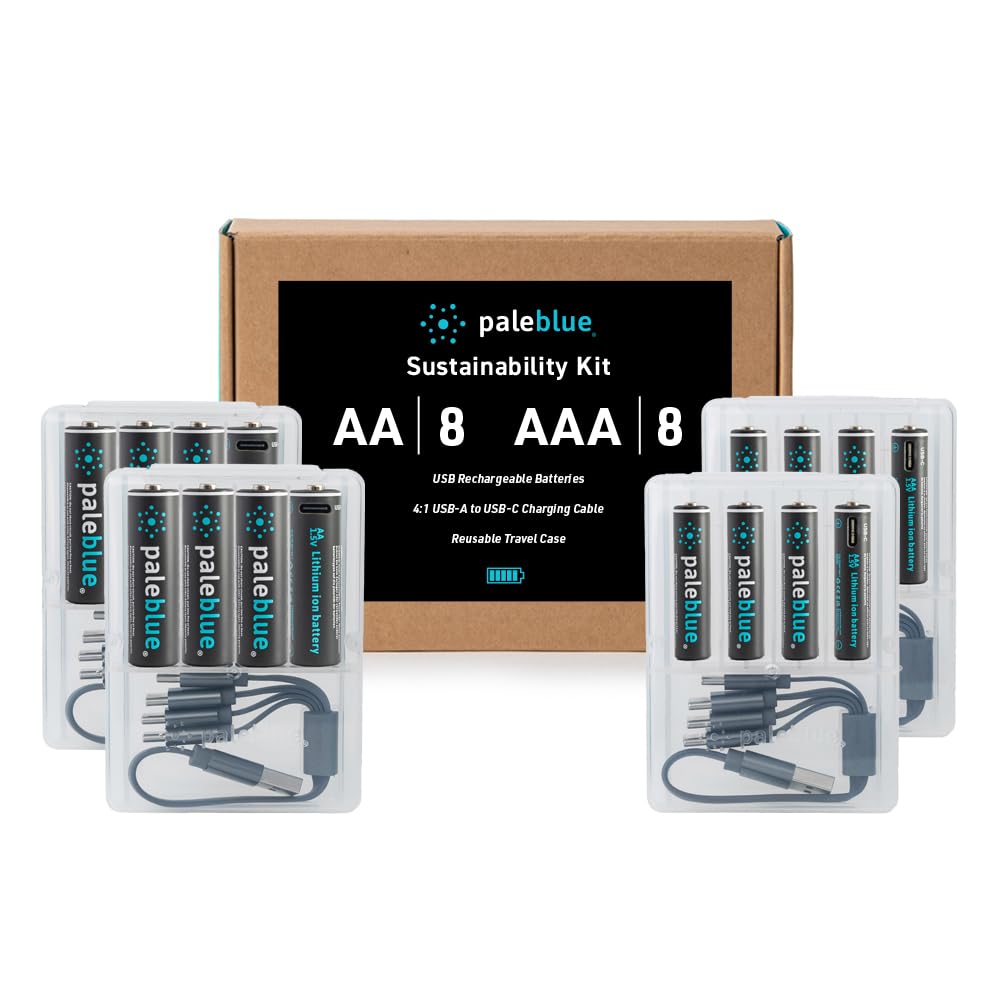 USB Rechargeable Smart Batteries by Pale Blue, Lithium Ion, Under 90 Minute Charge Time, Over 1000 Cycles, 4-in-1 USB to USB-C Charging Cable, LED Charge Indicator (8 AA and 8 AAA Batteries)