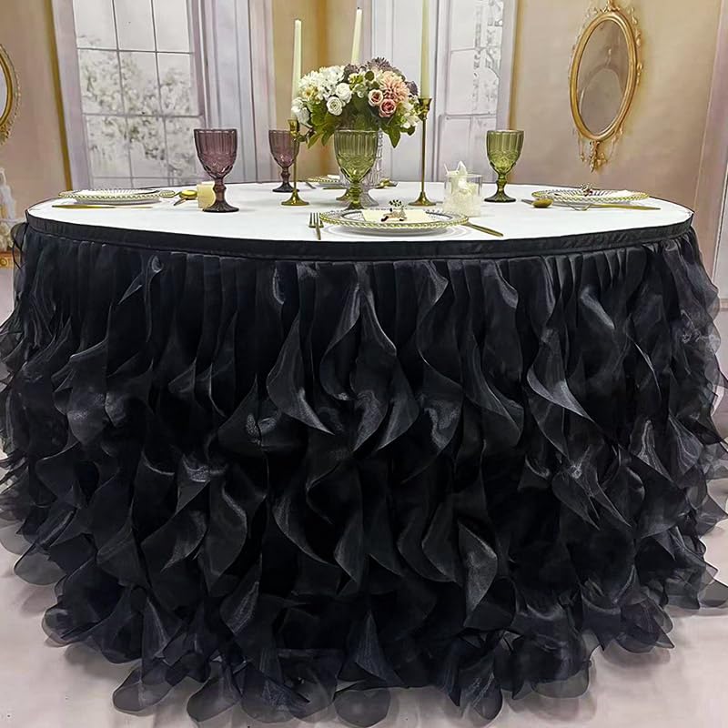Image of Luxury Organza Mesh Table Skirt Draping Floating Romance - Perfect for Bridal Showers, Birthday Weddings - Clear Flowing Decoration for a Wonderful Main Cake Table (Black-6ft, 72 inch Lx30 inch H)