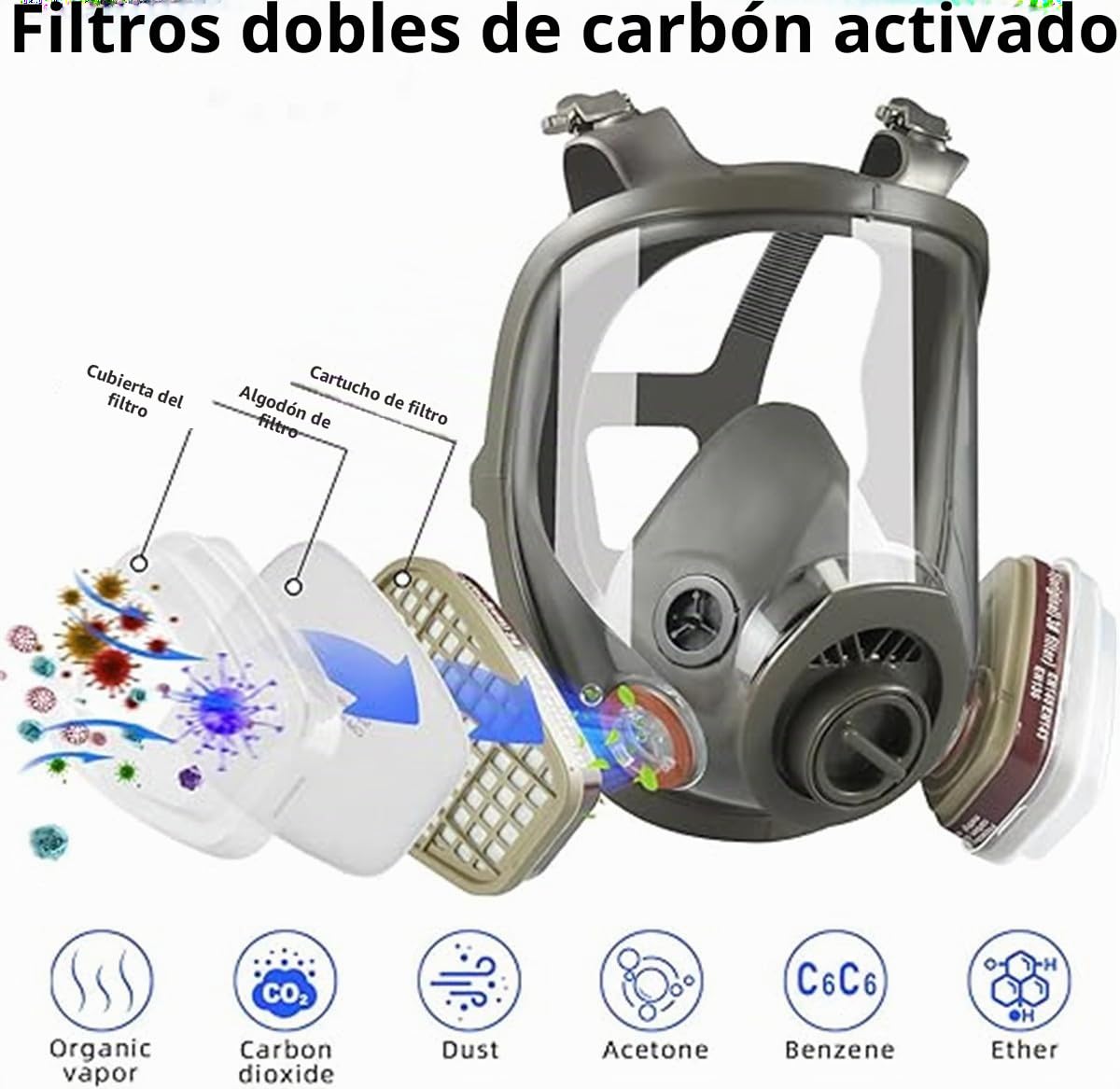 Mascarilla de cara completa, con filtro de protección de objetivo, máscara de pintura para pulverización de color, vapor orgánico, polvo, máscara de pintura para pulverización de pintura, grafito