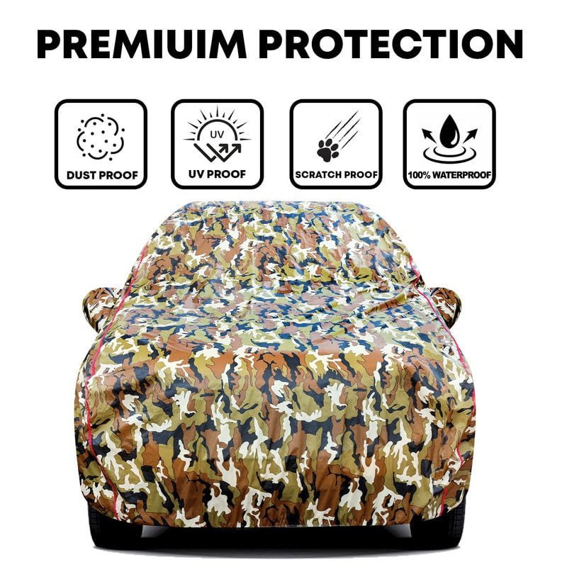 Image of Waterproof Car Body Cover for Maruti Suzuki Eeco - Dust & UV Proof with Mirror Pocket and Soft Cotton Lining (Full Bottom Elastic & Triple Stitched) (Military Jungle Print, Camouflage Design)