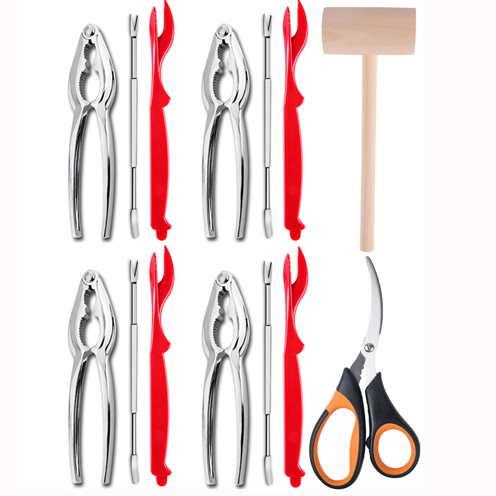 SOOME 14 Pcs Seafood Tools Set 4 Crab Leg Crackers, 4 Lobster Shellers, 4 ForksPicks, 1 Lobster Crab Mallet and 1 Seafood Scissors Nut Cracker Set
