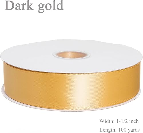 Vista 207 de Cinta de satén de poliéster de doble cara de color sólido, 1 pulgada de ancho, 100 yardas de largo, perfecta para bodas, envoltura de regalos, Oro