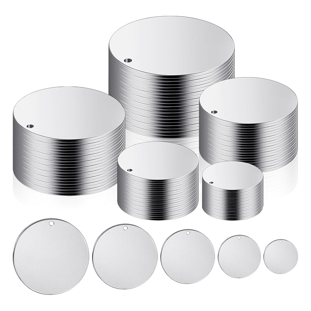 Littimoon 100Pcs 5 Size Roundmetal Stamping Blanks, 10mm 15mm 20mm 25mm 30mm with Holes, Jewelry Metal Stamping Blanks