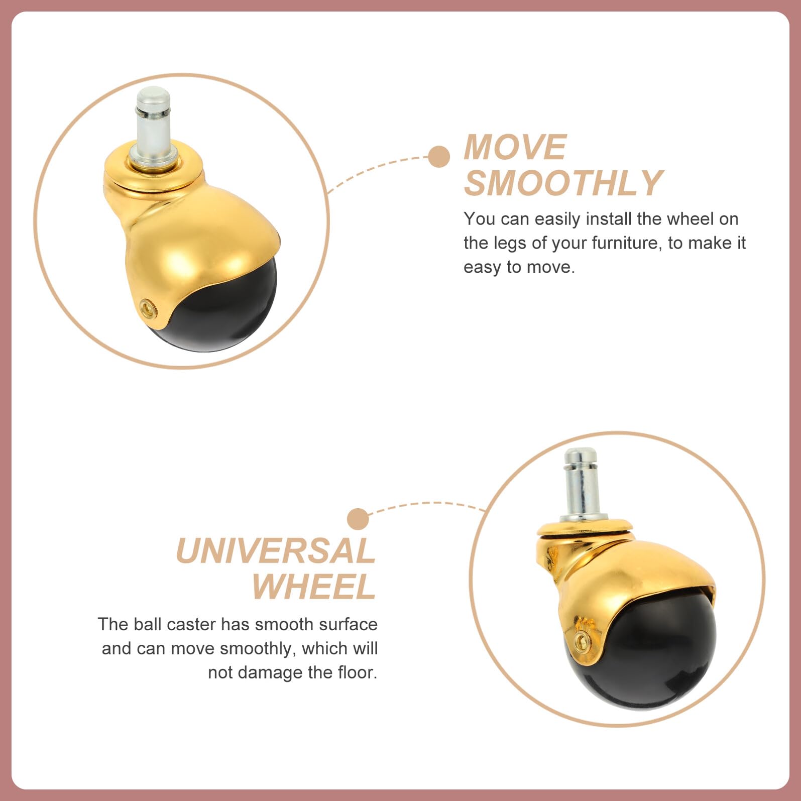 Rotelle per Mobili Multifunzione 2 Pollici in Pp 18k Oro, Ruote Girevoli Silenziose a Sfera 360°, Resistenti All’usura, per Sedie da Ufficio e Arredamento Domestico (4 Pezzi