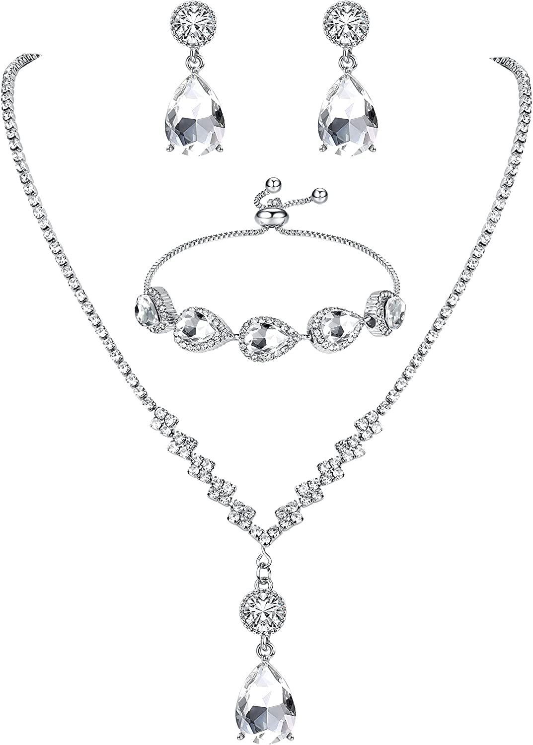 Morfetto Silver Prom Jewellery Set Rhinestone Prom Necklace Dangle