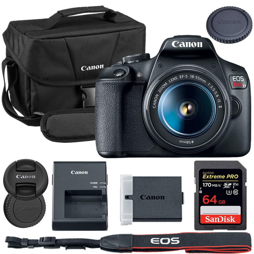Canon EOS Rebel T7 DSLR Camera with 18-55mm Lens Bundle with Canon 200ES EOS Shoulder Bag + 64GB Extreme PRO Memory Card