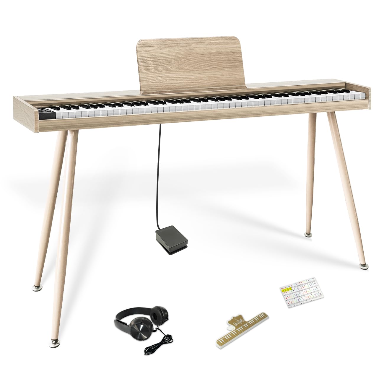 ニコマク NikoMaku 電子ピアノ 88鍵盤 Leaf 薄型木製ボディ キーボード MIDI対応 プロ級最先端音源 800音色 600リズム内蔵 一体型スタンド 大型譜面台 ペダル イヤホン 鍵盤シール 日本語説明書付き タッチレスポンス 日本語表記 初心者 入門 自宅練習（オークベージュ）