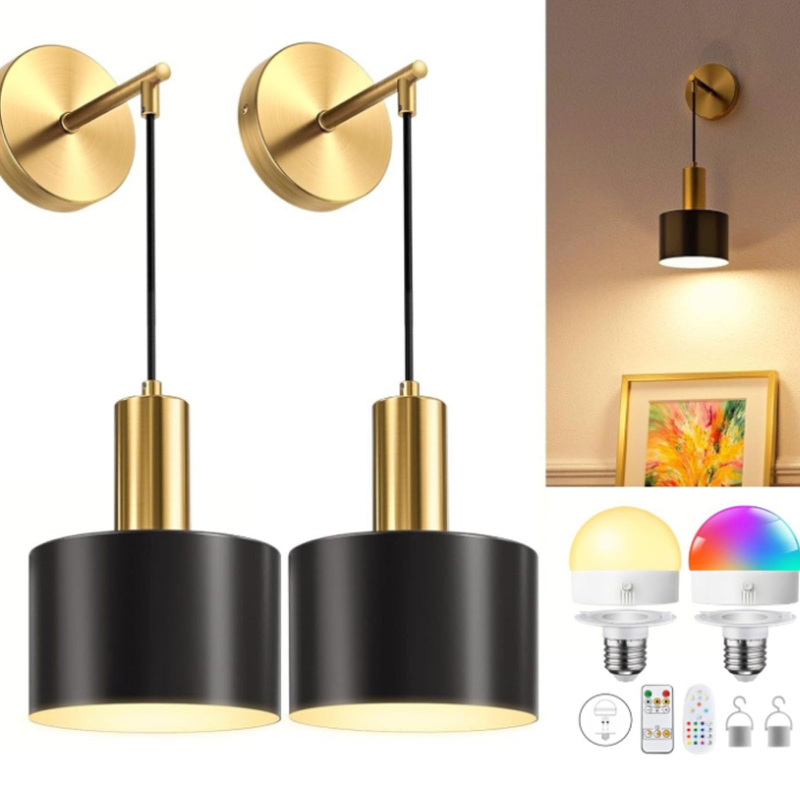 FZQSXAZU Sconces Wall Light no wire,Wall Set of 2,Battery Operated Lights Indoor with Remote,Battery Two,Dimmable Adjustable Antique Brass Lamp(Size:2pcs,Color:A)