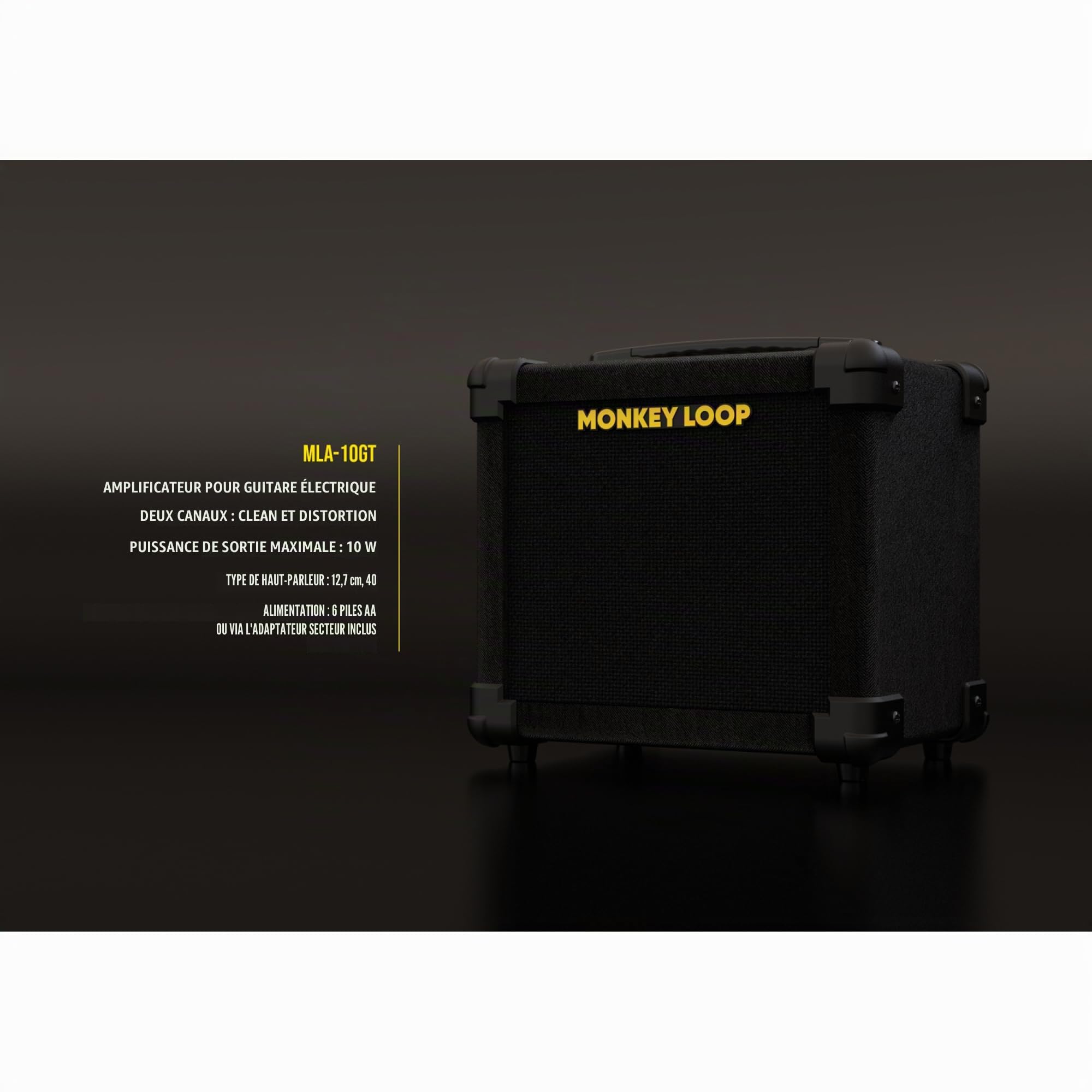 Monkey Loop MLA-10GT - Amplificateur de Guitare Électrique - Amplificateur Combo 10 W - Haut-Parleur 5 Pouces 4 Ohm - Option d'alimentation avec 6 Piles AA avec Adaptateur Secteur