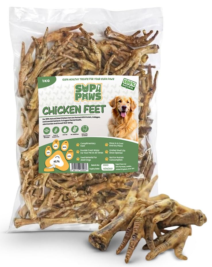 Supa Paws 1Kg 100% Natural Air Dried Chicken Feet for Dog, High Protein Cat Treat Hypoallergenic Pet Treat, Crunchy Healthy Snacks Sticks Dog Chew Treat, Grain, Gluten & Lactose Free Tasty Dog Food