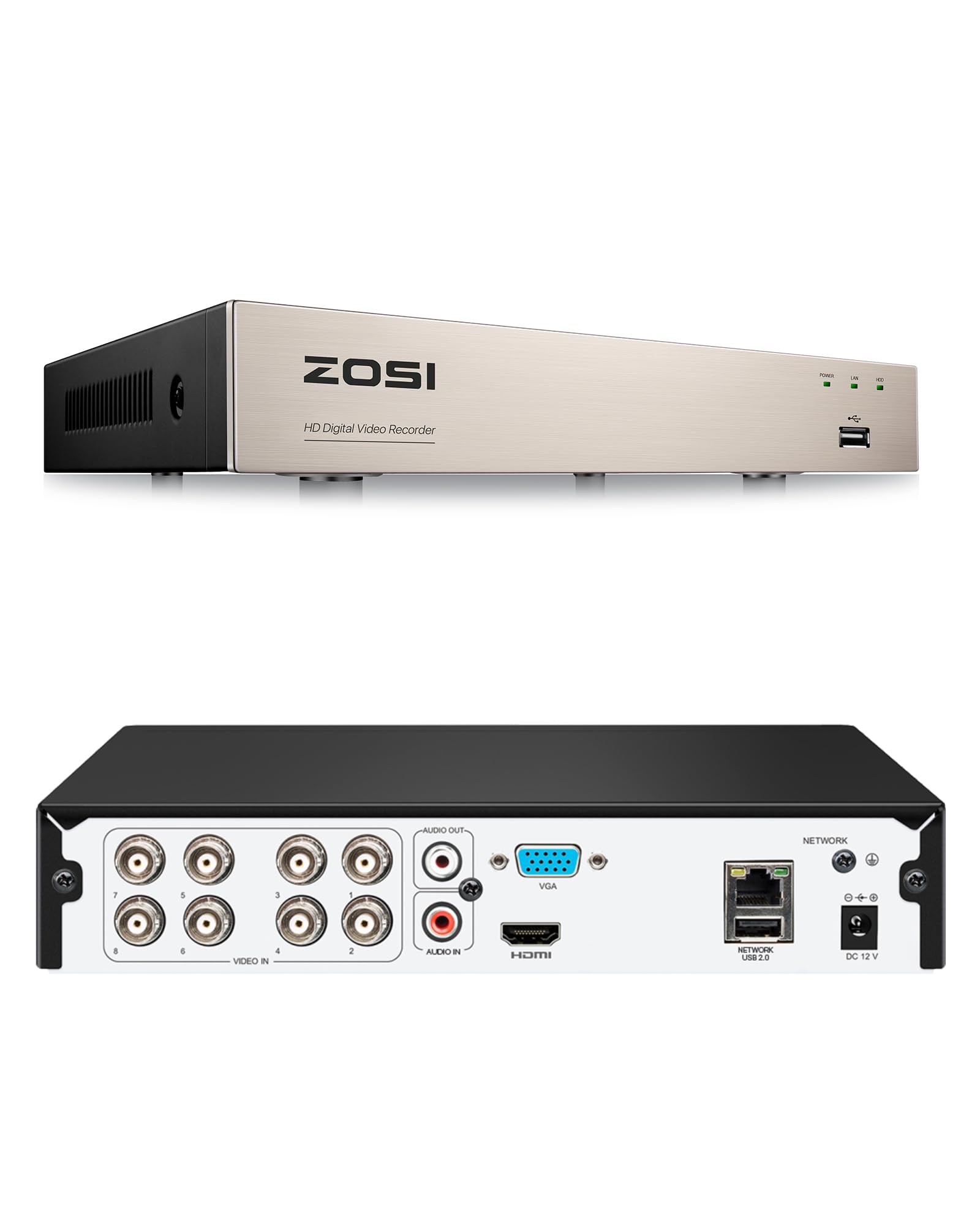 ZOSI 8CH 1080P 4in1 H.265+ DVR Digital Video Recorder ohne HDD | Verkabelt BNC Eingang, Hybrid TVI/AHD/CVI/Analog CCTV Überwachungsrekorder, KI Personen-/Fahrzeugerkennung, HDMI VGA Ausgang