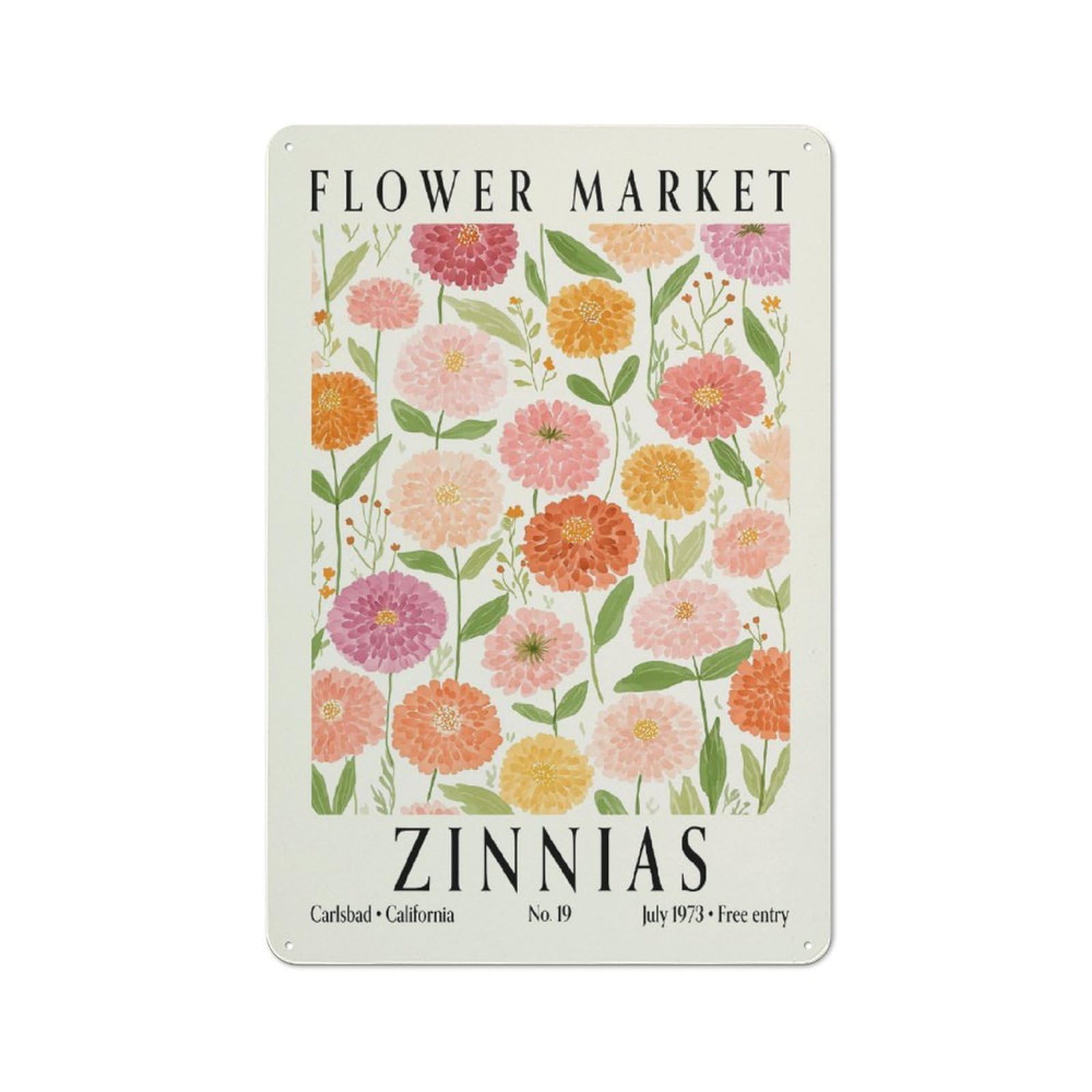 Junmoney Style Flower Market Zinnias California Vintage Metal Wall Decor 30X20cm, Cafe Metal Sign For Tea Room, Shop Wall Or Breakfast Area