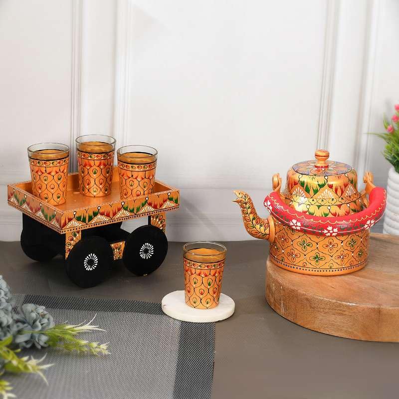 Niyatstore HandPainted Alluminium Tea Kettle with Four Glasses and Wooden Tray For Home Dcor Tea Party Serving -02