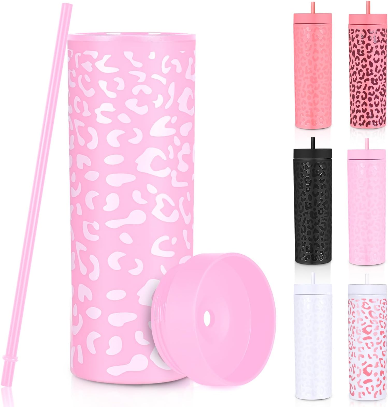 Modwnfy Leopard Tumbler, 16oz Pink Leopard Tumbler with Lid and Straw, Matte Acrylic Skinny Tumblers, Double Wall Plastic Tumblers, Cheetah Tumbler for Coffee Tea Juice (Pink White, 16Oz)