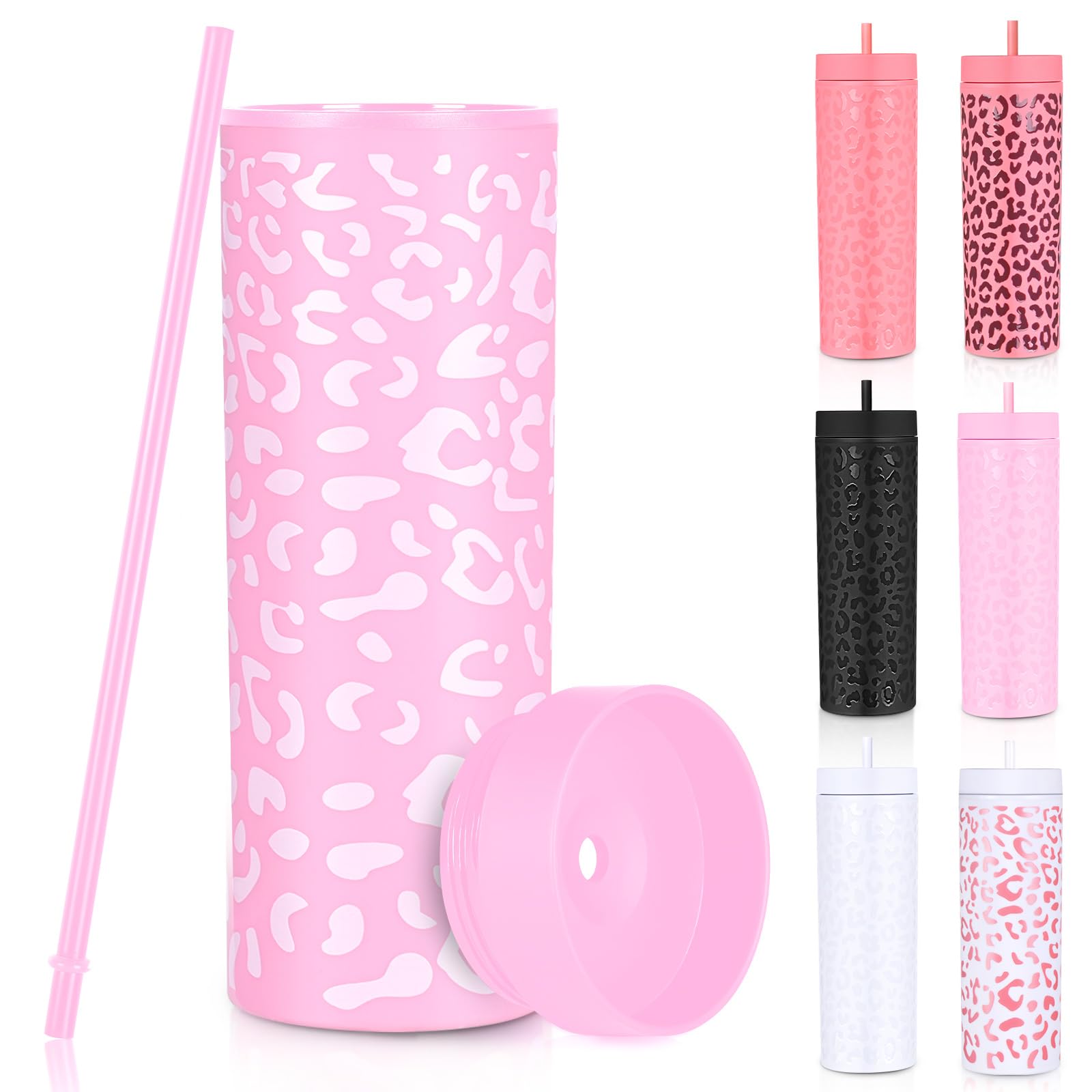 Modwnfy Leopard Tumbler, 16oz Pink Leopard Tumbler with Lid and Straw, Matte Acrylic Skinny Tumblers, Double Wall Plastic Tumblers, Cheetah Tumbler for Coffee Tea Juice (Pink White, 16Oz)