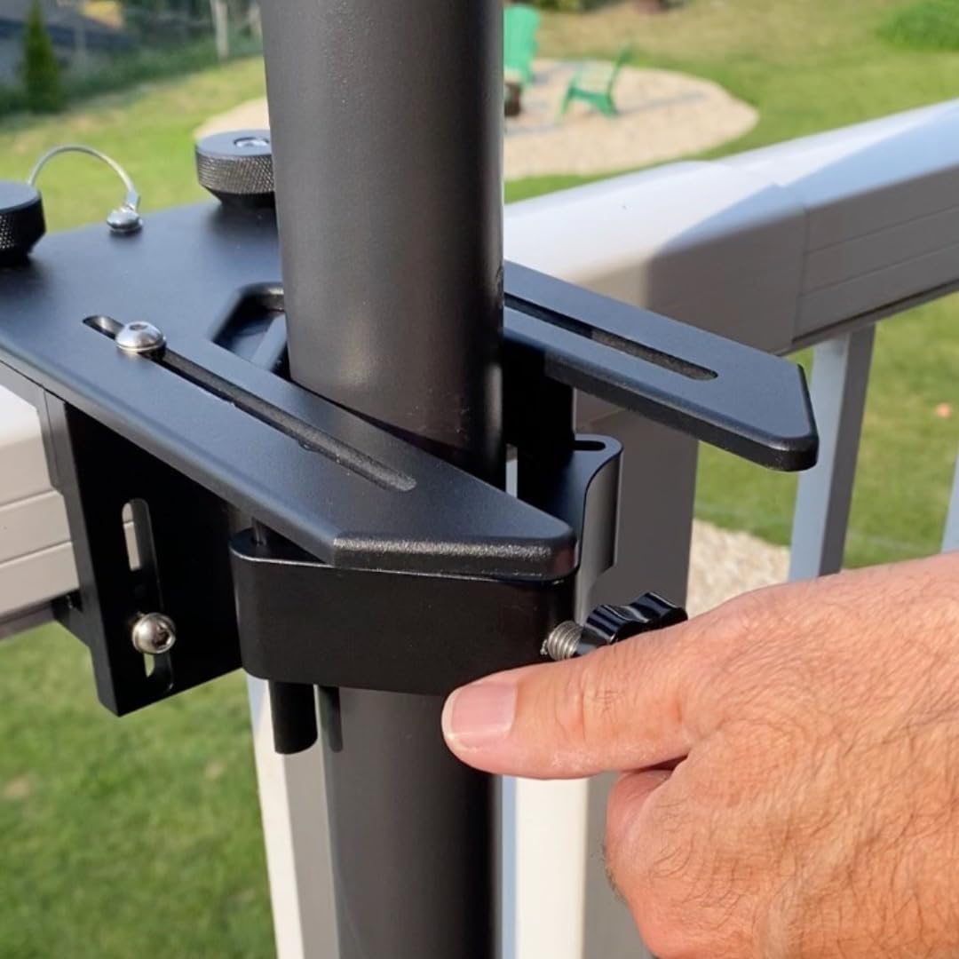 Rail-EZ Front Loading Umbrella Mounting System, Non-Permanent Bracket Attaches to Deck and Balcony Railing for Patio Umbrellas and Holder for Shade Sail Poles (Black)