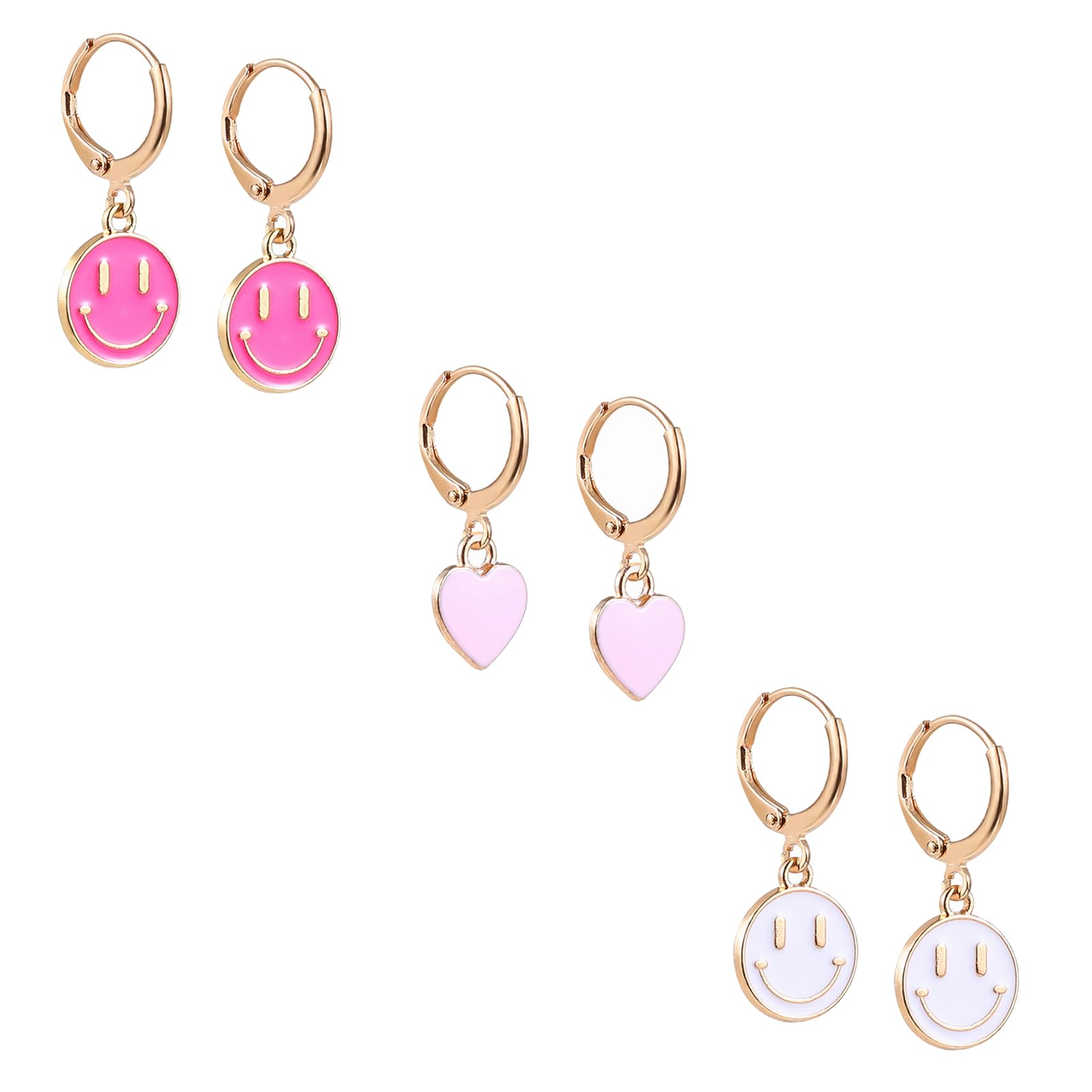 3 Pairs Huggie Dangle Drop Earrings for Women Smiley Face Preppy Charm Pendant Gold Hoop Earrings Trendy Jewelry Gifts
