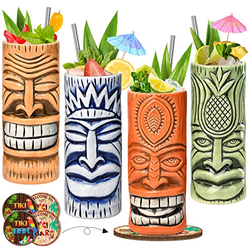 Tiki Mugs Set of 4, Ceramic Tiki Glass Cocktail Cups, Unique Cocktail Glasses