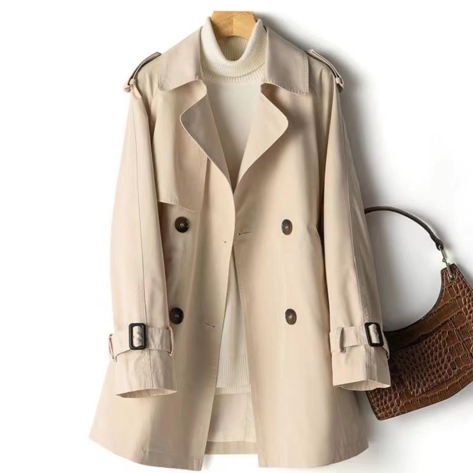 FUPODD Trenchcoat Damen Winter Mantel Damen Elegant Übergangsjacke Revers Zweireihig Damenjacken Langarm Windjacke Leicht Herbstjacke Mit Taschen Winterjacke Einfarbig Trench Coat Kurz Jacke Frauen