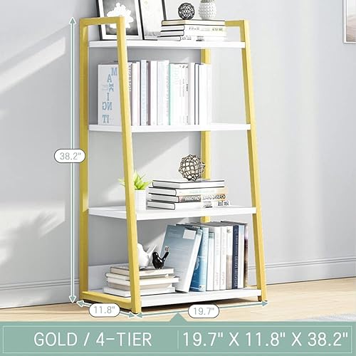 Miniatura 7 de IOTXY Estantería abierta de 4 niveles, soporte de exhibición de acero y madera, estantería de pie de 19.7 in de ancho, color dorado