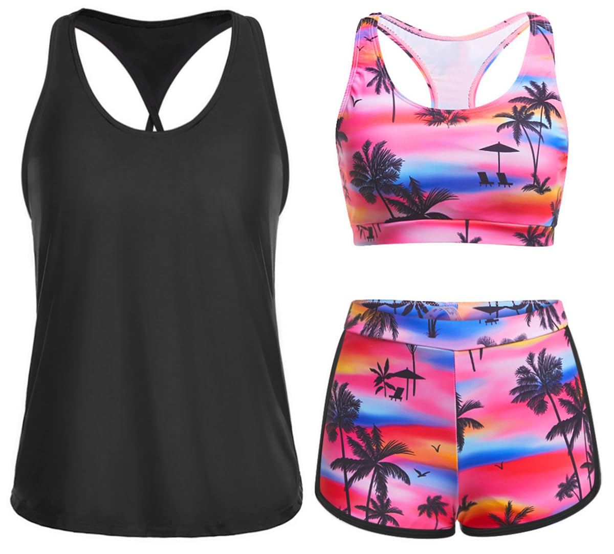 Yonique 3 Piece Athletic Tankini Swimsuits for Women with Shorts Swim Tank Tops with Sports Bra and Boyshorts Bathing Suits