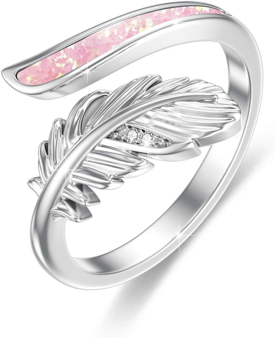 Opal Feather Ring 925 Sterling Silver Adjustable Ring Christmas Mother's Day Anniversary Birthday Thanksgiving New Year Jewelry Gift for Mother Wife Daughter Daughter Sister