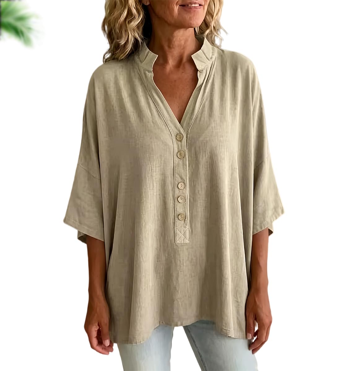 Blusa Casual de Mujer, de Manga Corta, Cuello en V, Corte Holgado, de algodón y Lino, con Botones Frontales