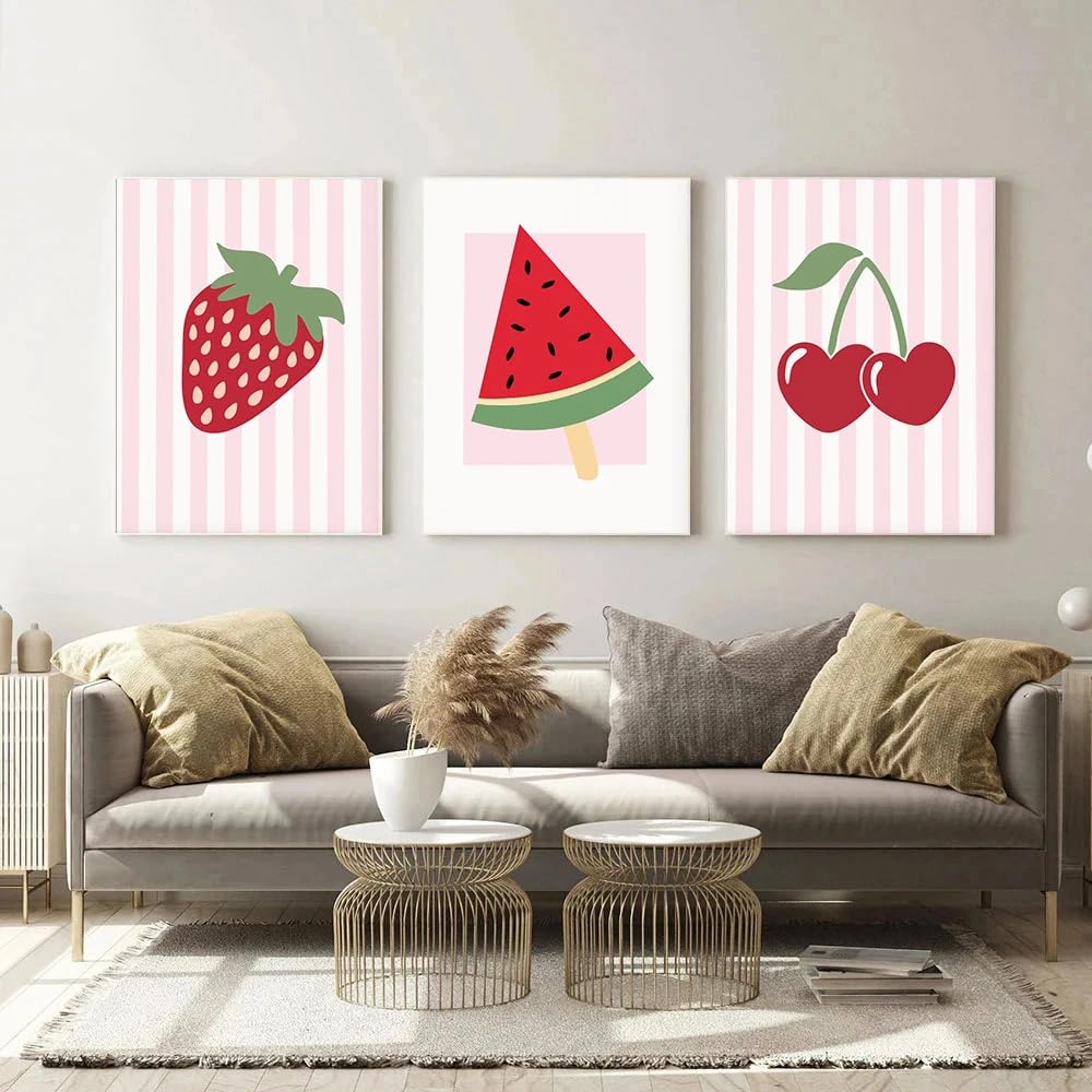 Wbyzac Set Of 3 Art Prints,Abstract Retro Summer Fruits Cherry Strawberry Watermelon Loving Heart Wall Art Canvas Painting Nordic Poster Wall Pictures Home Decoration-40 * 50Cm/(16 * 20Inch) No Frame