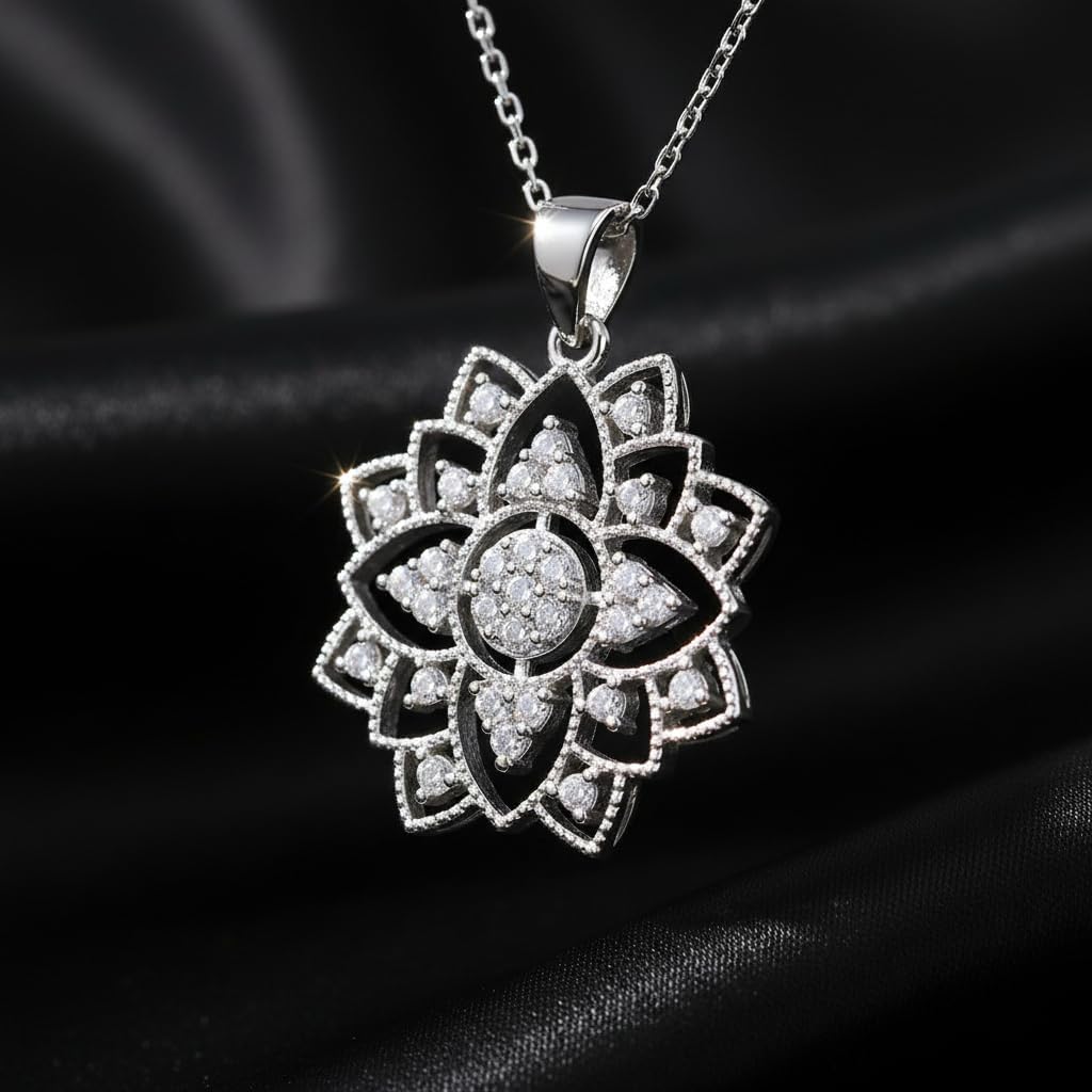 Mandala Necklace 925 Sterling Silver - Filigree Encrusted CZ Openwork Pendant Chain 20"- Esoteric Boho Sacred Geometry Jewelry - Hippie Yoga Gift for Women - Handmade - Image 2