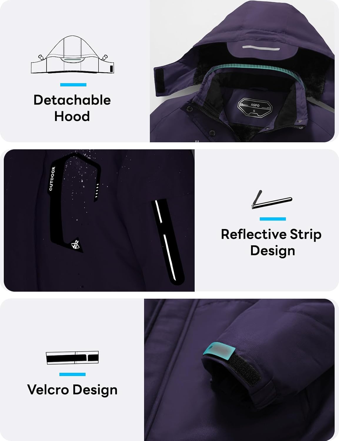 ASPO レディース 防水 スキージャケット 暖かい 冬 スノーコート フード付き スノーボード ウィンドブレーカー フリース裏地