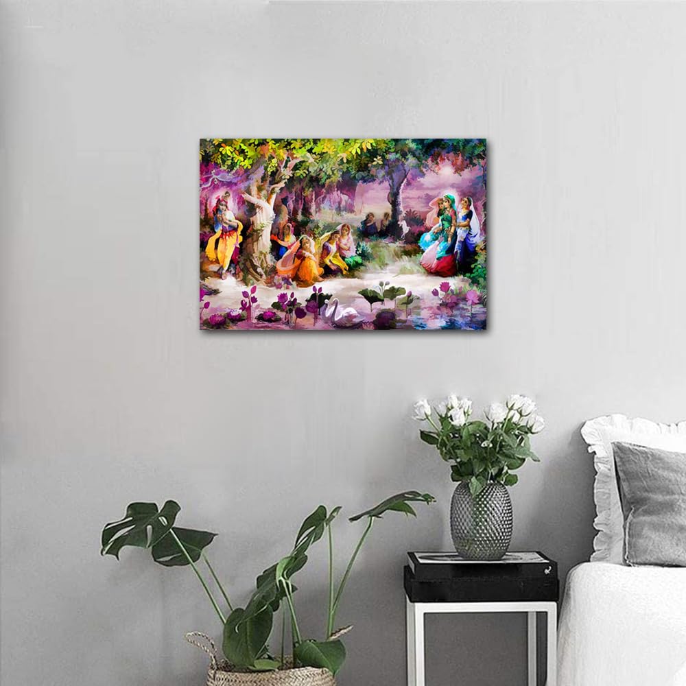 TISHIRON Indian Hindu Gods Painting Radha Krishna Pictures Canvas Retro Wall Art Artwork Home Decorations for Living Room Giclee Framed Gallery-wrapped Posters and Prints Ready to Hang (24" Wx16 H) - Image 3